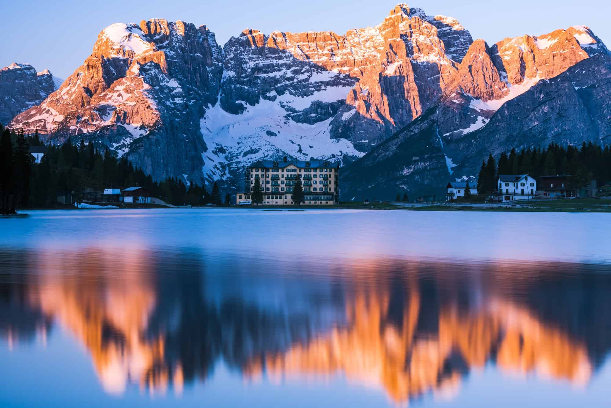 Spectacular sunrise over Misurina Lake in Italy,Dolomites mounta